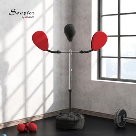 Soozier 3-in-1 Boxing Bag with Stand, Freestanding Punching Speed Bag with 2 Target Arms, Adjustable Height Boxing Bag Set for Exercise, Training, Fitness & Stress Relief (Black)