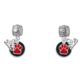 Delight Jewelry Silvertone Red Paw on Black Disc - I Love You/Love You More Charm Beads (Set of 2)