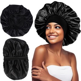 Unisex Double Wide Stretch Satin Sleep Nightcap & Hair Cap for Couples Free Size/Dark Purple + Light Purple (Reversible) 4ea