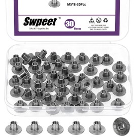 Swpeet 50pcs M5 × 16 × 8 mm Carbon Steel Tee Nut Through Hole Flange Insert Female Thread Nuts, Round Base Welding Tee Nuts, Brad Hole T-Nut Assembly for Wooden Furniture