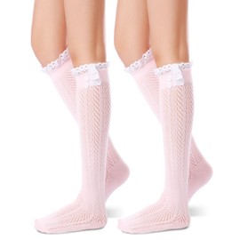 Syhood 2 Pairs Button Boot Socks with Lace Trim Boutique Boot Socks Leg Knee High for Women(Pink)