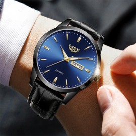 Reloj De Cuarzo Hombre Pulsera De Cuero Casual Wristwatch Correa Negro Bisel Negro Fondo Azul