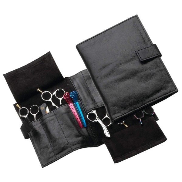Full Grain Genuine Leather Shear Cases and Bags. (Double Folder Case for 8 Shears, Black)