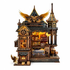 462-Piece DIY Owl Post Office Miniature House Kit – Wooden 3D Model with Furniture & LED Lights for Adults and Teens