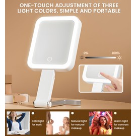 Fshyos Travel Makeup Mirror with Lights 10X/1X Double-Sided Magnifying LED Beauty Mirror Rechargeable Portable Vanity Mirror with 3 Color Lighting Smart Touch Dimming Desktop Handheld Hanging