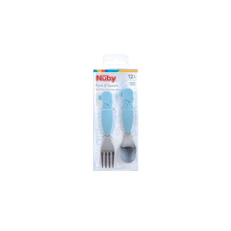 Nuby Animal Friends Silicone and Stainless Steel Fork and Spoon