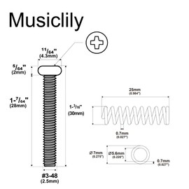 Musiclily Ultra UNC#3-48x1.1 Inch Stainless Steel Humbucker Pickup Mounting Screws and Steel Springs Set for American Made Electric Guitar, Black (Set of 6)