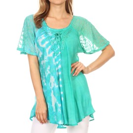 Sakkas 18718 - Iris Womens Tie-dye Short Sleeve Blouse Top with Corset and Embroidery - Seagreen - OSP