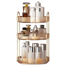 YCIA&DONE 360 Rotating Makeup Organizer and Storage for Vanity Countertop 3 Tiers, High Capacity Cosmetic Skincare Perfume Organizers for Dresser Bathroom Lazy Susan (Amber Gold)