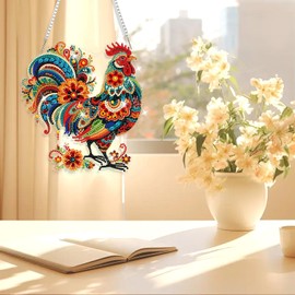 AIRDEA Roosters Diamond Painting Hanging Kits for Adult Jewels and Flowers Special Shaped Diamond Art Pendant 7.75x7.18in Window Pendant Ornament