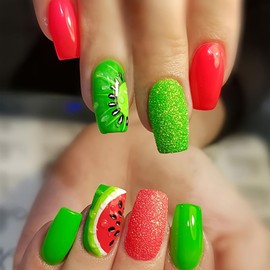 Summer Press on Nails Square Medium Length Fake Nails Watermelon Kiwi Designs Fruit Press ons Glue on Nails Red Green Acrylic False Nails for Women Summer Nail Decor Reusable Stick on Nails 24Pcs