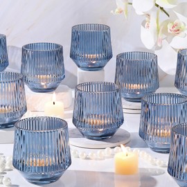 12 Pcs Large Blue Votive Candle Holders- 3.15"×3.15" Ribbed Blue Candle Holders, Blue Tea Lights Candle Holders for Dusty Blue Wedding Decor, Bridal Shower Decorations, Blue Centerpieces for Tables