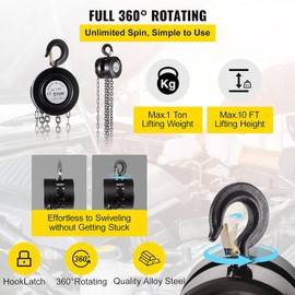VEVOR Hand Chain Hoist 1 Ton 2200 Lbs Capacity 10 Feet with 2 Heavy Duty Hooks, Manual Chain Fall for Warehouse Building Automotive Machinery Black