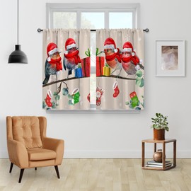 Cortinas de cocina de pájaros navideños de Aimego - Medias de Navidad Patrón de invierno festivo para café, cortinas de ventana cortas y pequeñas para decoración de sala y comedor, cortinas con