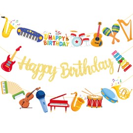 Musical Instrument Birthday Party Banners Gold Happy Birthday Banners Music Instrument Theme Party Hanging Decorations for Musician Birthday Party Music Theme Baby Shower Supplies