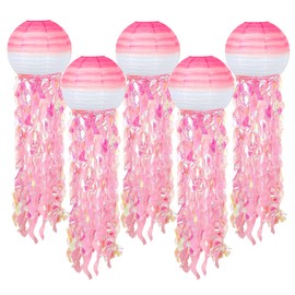 ADLKGG Hanging Jelly Fish Paper Lanterns, Gradient Colorful Pink Paper Lanterns for Mermaid Theme Party Under The Sea Ocean Birthday Decorations Baby Shower Baby Room, Set of 5
