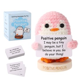 Positive Penguin with Base, Emotional Plush Positive Support Wool Crochet Penguin Knitted Toy Cheering Up Gift for Friends Families Christmas Birthday Party Decoration (Pink)