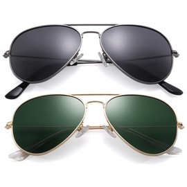 Pro Acme Classic Polarized Aviator Sunglasses for Men and Women UV400 Protection (2 Pairs) Gunmetal Frame/Grey Lens + Gold Frame/G15 Green Lens