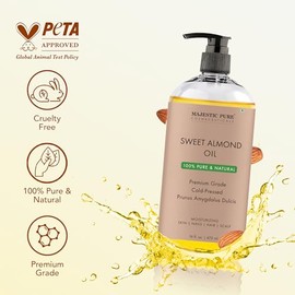 Majestic Pure Sweet Almond Oil, Super Triple A Grade Quality, 100% Pure and Natural from Spain, Cold Pressed , 16 fl oz.