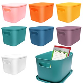 CONEHOY 7 Pcs Plastic Storage Bins with Lid Colorful Storage Bins Small Desktop Storage Box Cubby Bins Stackable Storage Baskets for Office Classroom Kitchen Cabinet Shelf (10×7.1×6.2inch)
