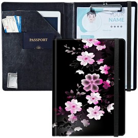 BEOTIWAD PU Leather Padfolio Clipboard Notepad with Pen Loop and Elastic Strap Interview/Resume Document Organizer for Business School Office,Pink White Flower