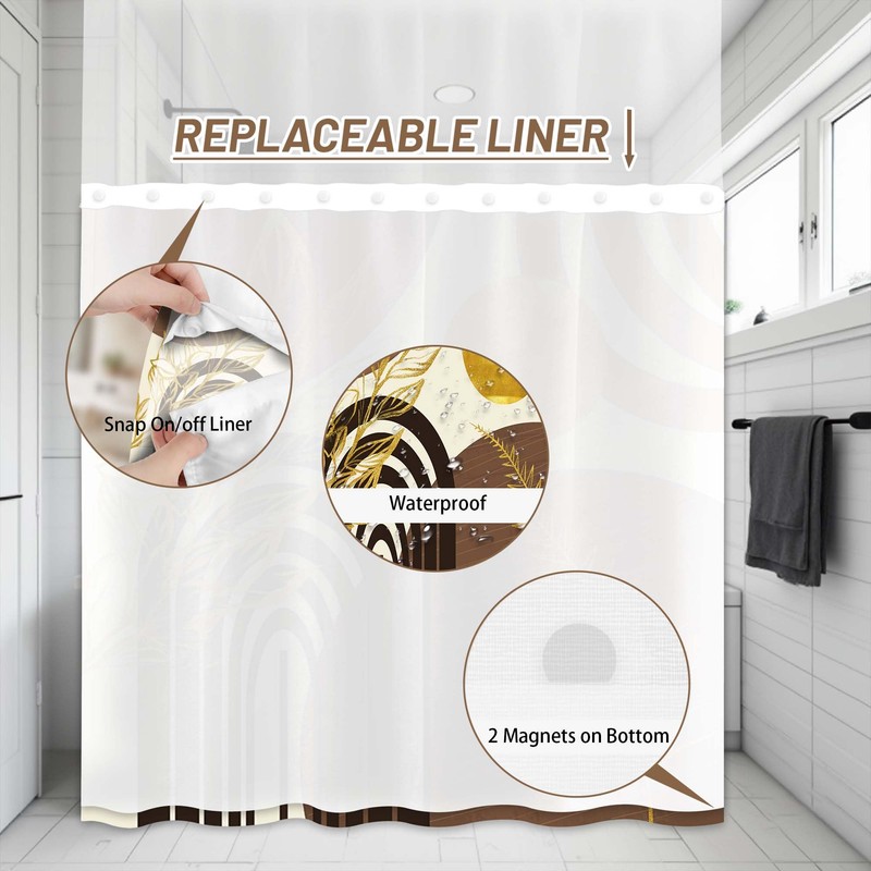 Boho Mid Century Modern Hookless Shower Curtain with Snap in