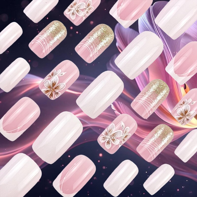 Brown Flower Press on Nails 24Pcs Glossy Gold Glitter Acrylic