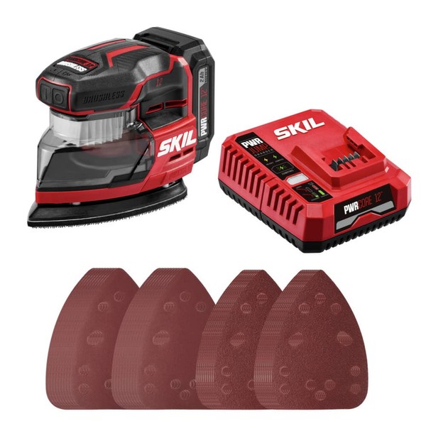 SKIL PWR CORE 12 Brushless 12V Compact Detail Sander Kit with Up to 12,000 OPM Includes 40pc Sandpaper(80/120/180/240 grits), Dust Box, 2.0Ah Battery and Charger - SR6608A-10,Red