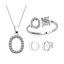 Loqimu - Juego de 3 anillos de joyería con inicial, colgante en mayúscula, arete, arete y accesorios para mujeres y niñas, Metal Acero aleado, Circonita cúbica