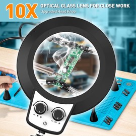 KUVRS 10X Magnifying Glass with Light, Soldering Helping Hands Repair Mat, Any Color Stepless Dimming Magnifying Lamp, 4 Flexible PCB Arms, Non-Slip Weighted Base Magnifier for Miniatures Paint Craft