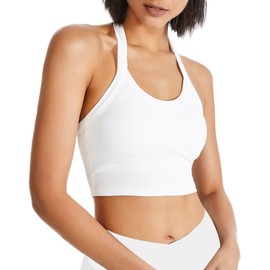 QUOJIZY Halter Sports Bra Longline Open Back Workout Top Ribbed Crop Tank Tops with Built in Bra Gym Yoga Push Up White