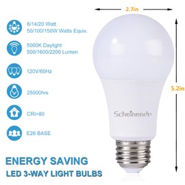 Scheinenda 3-Way Led Light Bulbs A21, 50 100 150 Watt Equivalent, Perfect for Reading, 5000K Daylight, Indoor Standard e 2 6 Bulb, Energy Efficient 20 Watt, 2200 Lumens, 2 Pack