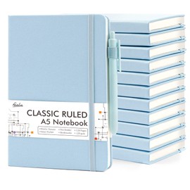 feela 12 Pack Notebooks Journals Bulk, Hardcover Notebook Classic Ruled Lined Journals with Pen Holder for Women Girls School Business Supplies, with 12 Black Pens, 120 GSM, 5.1”x8.3”, A5, Light Blue
