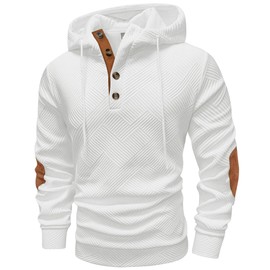 Mens Fashion Pullover Hoodies Long Sleeve Thermal Drawstring Button Texture Hooded Sweatshirt White