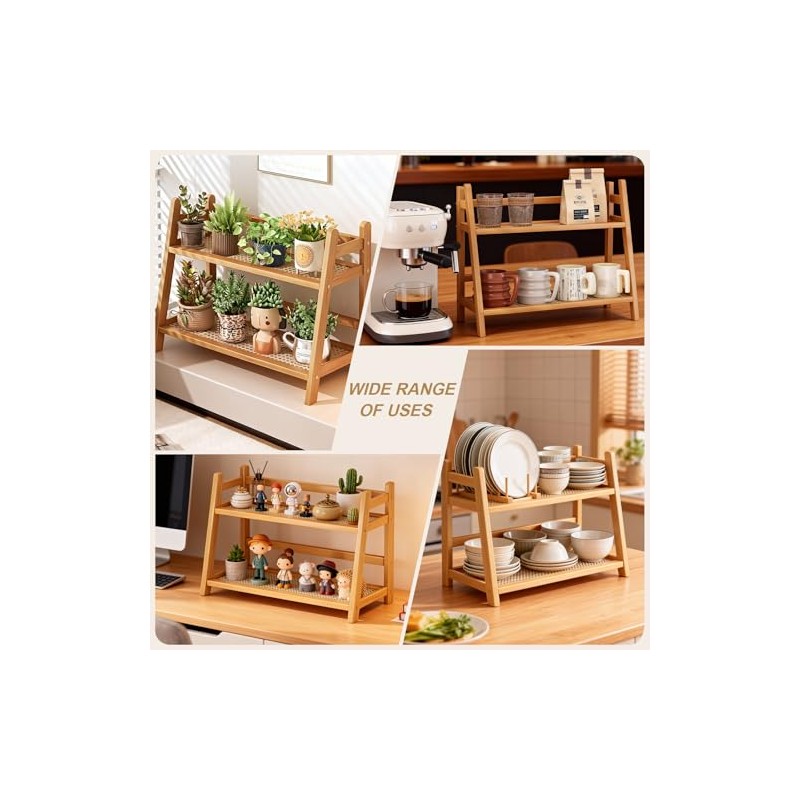 Cup Rack 2-Tier Bamboo with Rattan Look, Space-Saving Cup Holder,