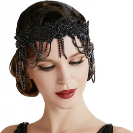 RUNRAYAY Rhinestone Flapper Headband-Elastic 1920s Headpiece, Vintage Great Gatsby Hair Accessories for Women (Black)
