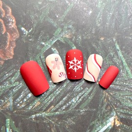 Christmas Press on Nails Medium Square Fake Nails Gingerbread Man & Snowflake Designs False Nails Red and White Acrylic Nails Reusable Matte Nails Stick on Nails for Women and Girls Xmas Manicure
