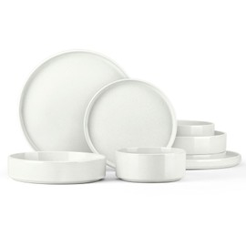 Stoneware Dinnerware Sets for 2, Onader Speckled Plates and Bowls, 8 Pieces Ceramic Dish Dinner Set with Pasta Bowl, Microwave & Dishwasher Safe - Cloud White