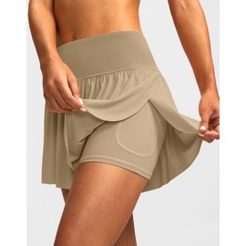 Soothfeel Women's High Waisted Swim Skirt Shorts 3" Flowy Swimsuit Bathing Suit Swim Bottoms for Women with Pockets UPF 50+ (Khaki, XL)