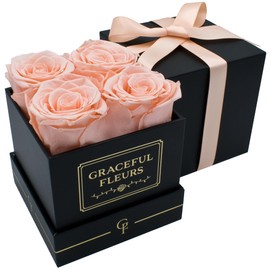 Graceful Fleurs | Real Long Lasting Roses for Years | Preserved Fresh Flowers for Delivery Birthday | Birthday Gifts for Women | Forever Roses in a Box (Light Peach, Black Box, 4 Roses)
