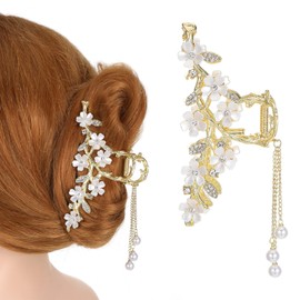 Shimmeroo Flower Hair Clips for Women,Lily of The Valley Jewelry with Dangling Pearls Gold Claw Clip for Fancy Hair Accessories
