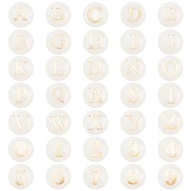 PH PandaHall 36 Pieces Alphabet A-Z Beads, 0~9 Numbers Freshwater Shell Beads Flat Round Lettered Beads, White Freshwater Shell with Gold Letters for Necklace Bracelet Earrings Jewelry Making