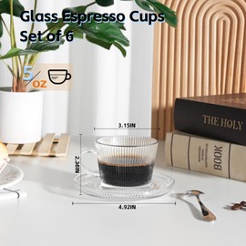 GURUDAR Glass Espresso Shot Cups with Saucers Set of 6, Clear Small Demitasse Cup with Stainless Steel Spoons, Dishwasher Safe Coffee Mugs for Tea Hot Chocolate Cappuccino, 5OZ/150ML, Stripe
