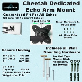 Cheetah Touch Adjust Echo Show 15 & 21 Arm Wall Mount, Simply Grab, Adjust, Release Full Motion, Exact Fit Plate & Screws, Holds 4X Echo Weight, Tilt & Swivel 15" Extension, Drywall & Corner Mountable
