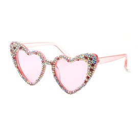 ICARA Trendy Rhinestone Love Heart Sunglasses Retro Cat Eye Diamond Sun Glasses Funny Party Outdoor for Women Men (ab pink)