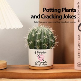 I Crochet So I Don't Kill People Ceramic Succulent Plant Pot with Bamboo Tray Round Crocheting Knitting Gifts for Grandma Auntie Mom Mothers Day Home Office Decor Plant Lover 3.5 Inch White