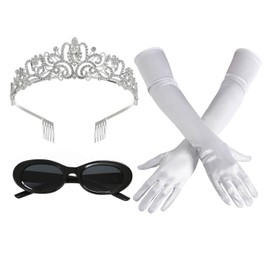 3PC Princess Costume Accessories Set for Women Crown Tiara Headband Sunglasses Gloves Bachelorette Party Dress Up for Diaries Mia