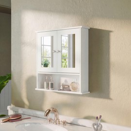 Panana Wall Mounted Bathroom Cabinet Wall Cabinet with 2 Mirrored Doors and Open Compartment, Inner Adjustable Shelf, 22" x 5.1" x 22.8" (White)