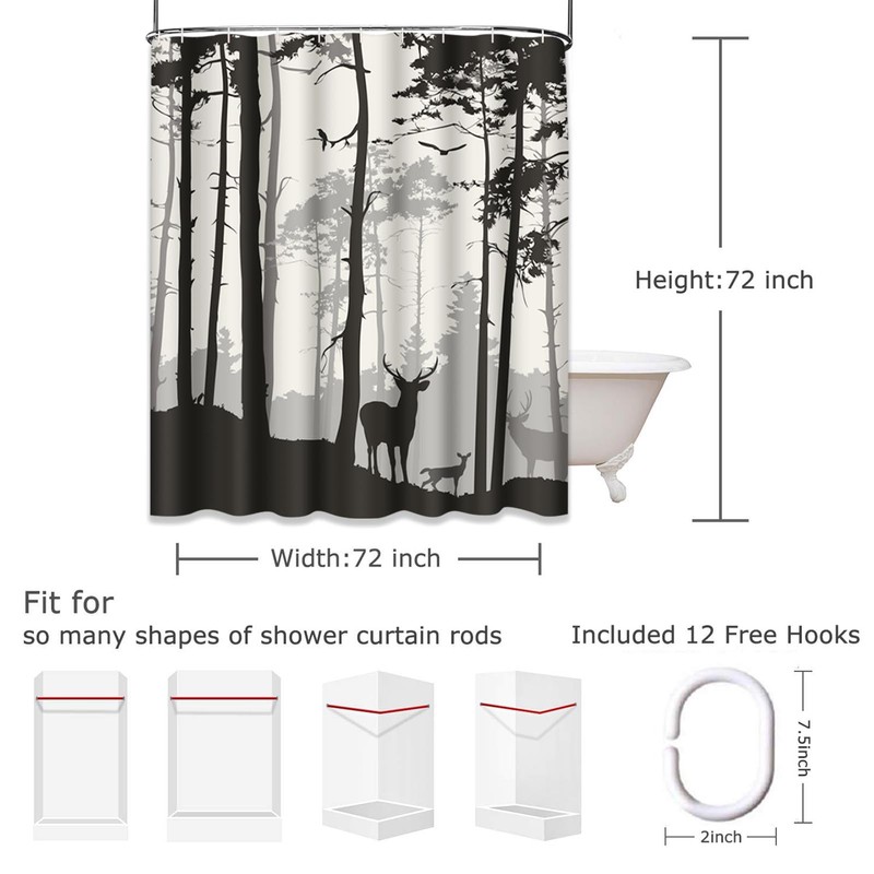 Semtomn Decorative Shower Curtain Silhouette of Pine Forest Family Deer