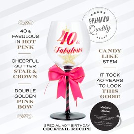 SAY HO UM Copa de vino de cumpleaños 40 y fabulosa para mujer, regalo divertido para mujeres que cumplen cuarenta años, mamá, mejor amiga, tía, hermana, prima, compañera de trabajo, grande de 23 onzas, copa de vino de 8.8 pulgadas de alto